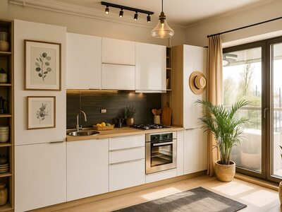 Bucătărie la comandă modernă albă cu blat din lemn și design compact