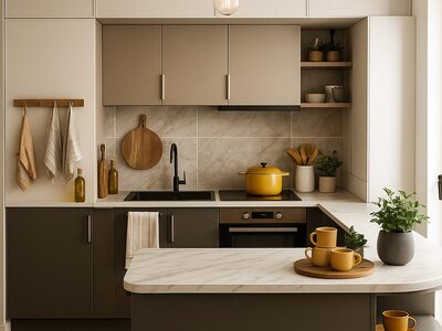 Bucătărie la comandă modernă cu finisaj lemn și fronturi gri